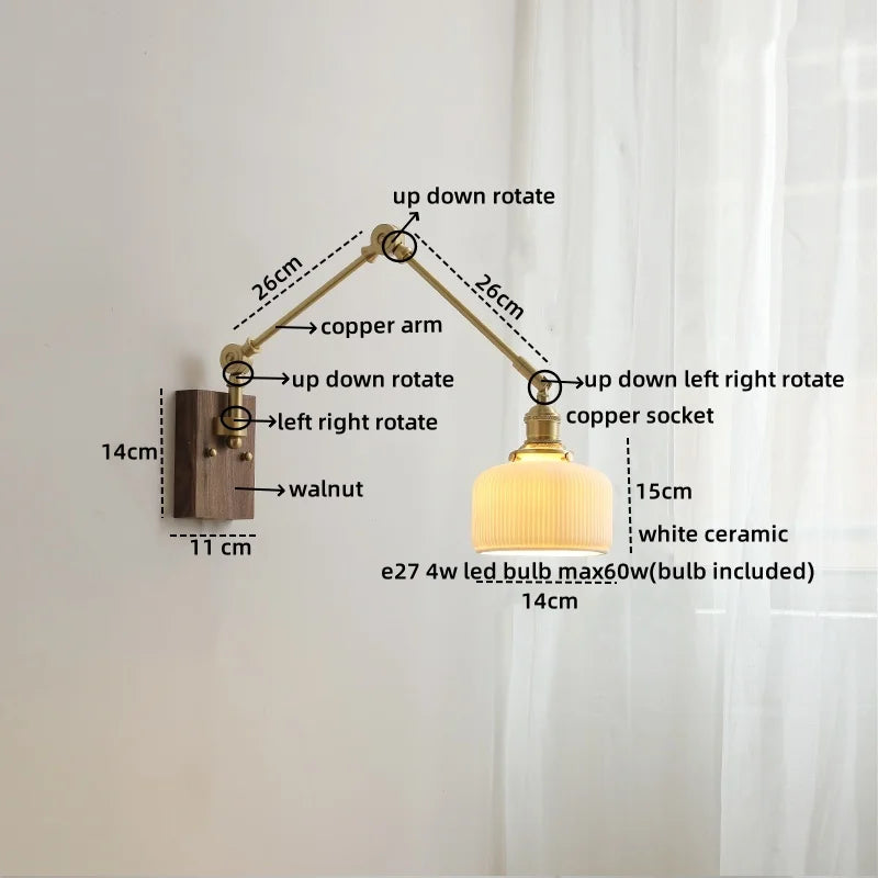 Axyaa Ceramic Copper Swing Arm LED Wall Light for Home Decor
