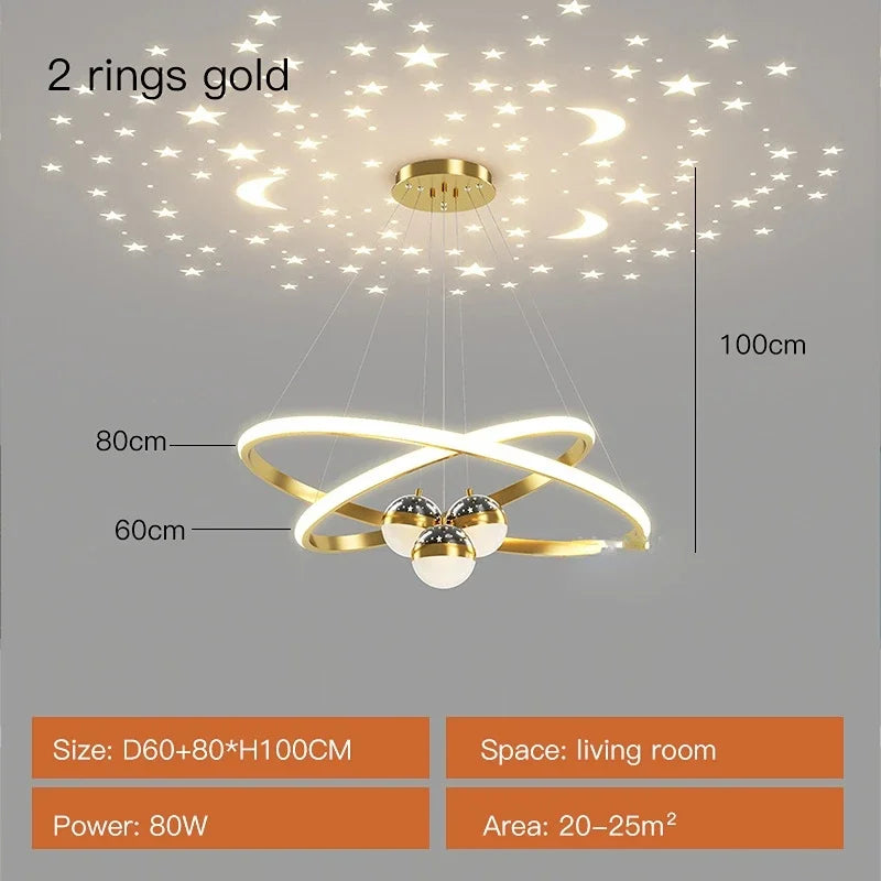 Axyaa Starry Sky Projection LED Chandelier in Black/Gold - Hanging Pendant Lights for Home