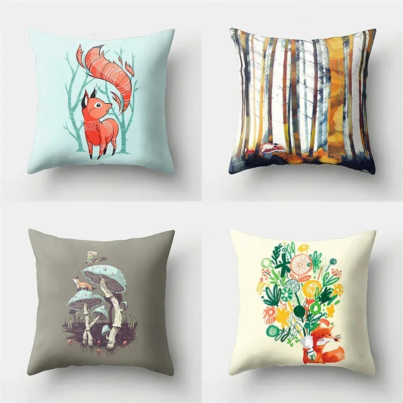 Fox and Bird Polyester Pillowcase by Axyaa: Cartoon Landscape Cushion Cover for Sofa