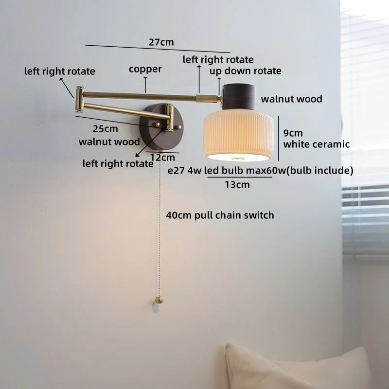 Axyaa Ceramic LED Wall Lamp, Swing Arm Rotate White Interior Light