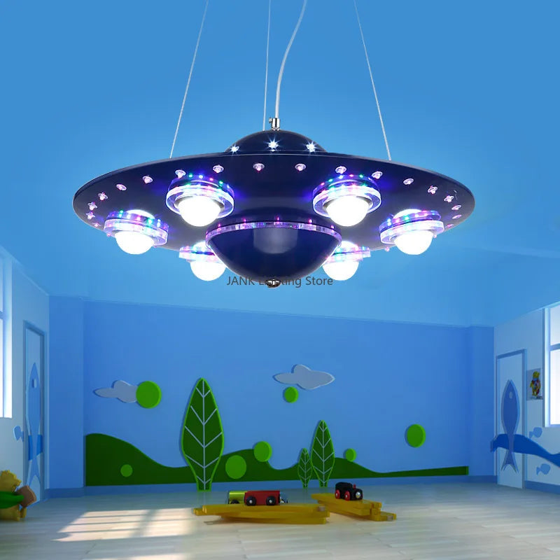 Axyaa Alien UFO Design Led Pendant Light for Children's Room - Creative Iron Art Flying Saucer Chandelier