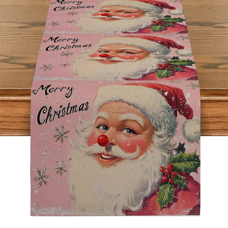 Pink Santa Claus Holly Berry Table Runner by Axyaa for Dining Room Style