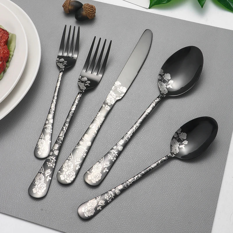 Axyaa 5pcs/20pcs Printed Stainless Steel Tableware Knife Fork Spoon Hotel Steak Set