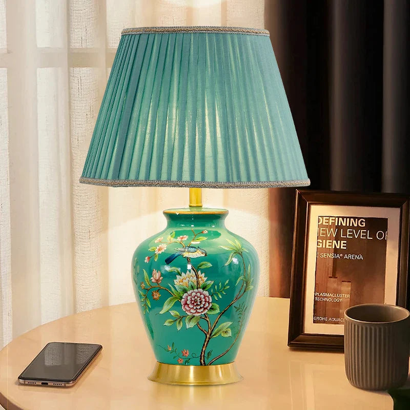 Axyaa Retro Flower Bird Ceramic Table Lamp Bedroom Living Room Study New Chinese Style