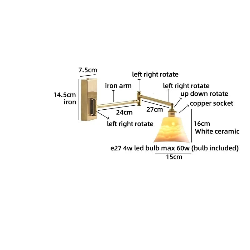 Axyaa Nordic LED Swing Arm Wall Lamp Gold Rotate Bedroom Bedside Light