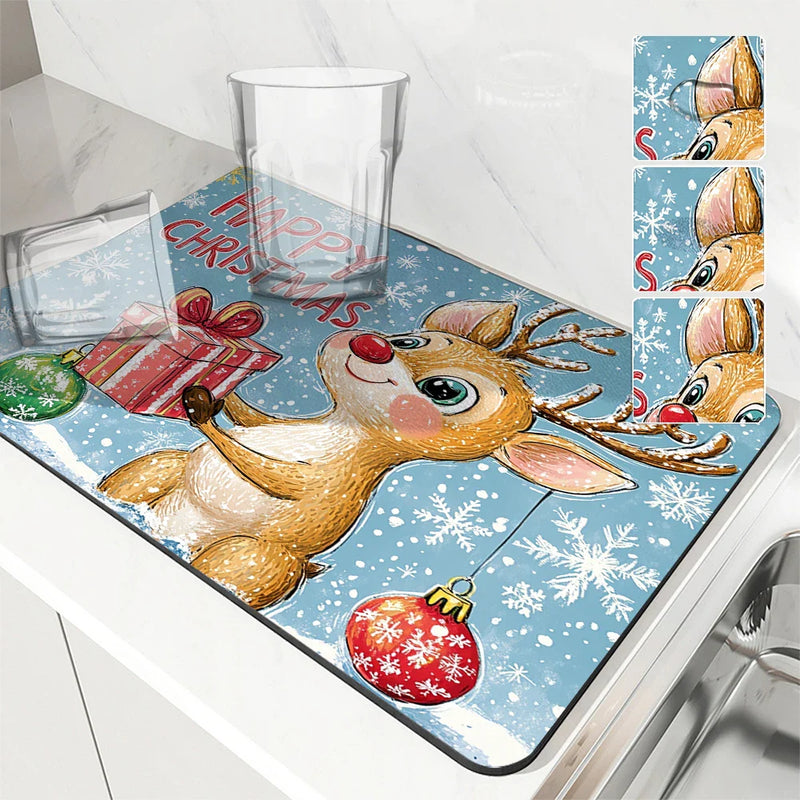 Axyaa Christmas Deer Drying Mat - Absorbent & Antiskid Kitchen and Bathroom Pad