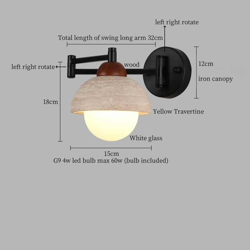 Axyaa Nordic Minimalism LED Wall Sconce Yellow Travertine Pull Chain Switch