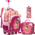 Axyaa Girls 3-Piece Rolling Backpack Set with Wheeled Luggage, Lunch Bag, Pencil Case