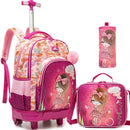 Axyaa Girls 3-Piece Rolling Backpack Set with Wheeled Luggage, Lunch Bag, Pencil Case