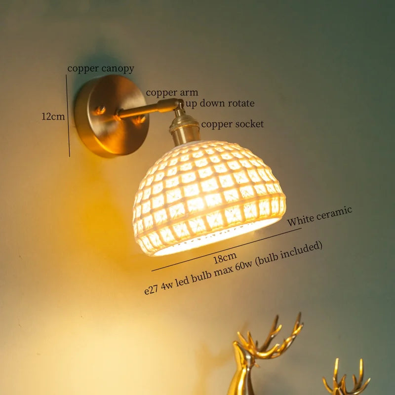 Axyaa Nordic LED Wall Lamps, Modern Copper Arm Ceramic Light for Living Room, Bedroom