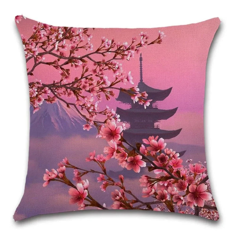Axyaa Cherry Blossom Mountain Landscape Cushion Cover