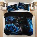 Black Cat Blue Rose Duvet Cover Set - Axyaa Floral Animal Bedding