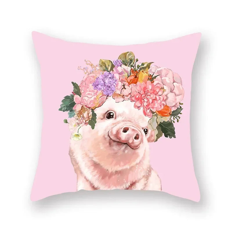 Floral Animal Painting Pillowcase Pink Cat Dog Llama Sofa Cushion Cover Home Decor
