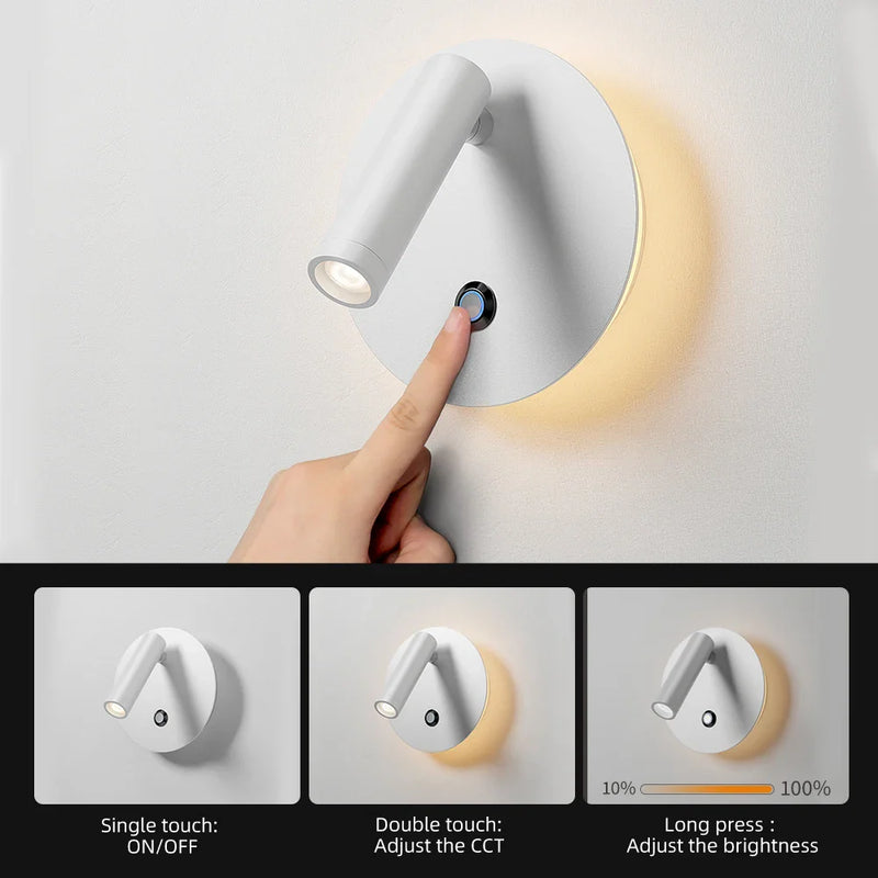 Axyaa Dimmable LED Wall Lamp with Touch Switch, 340° Rotatable Backlight for Bedside and Study