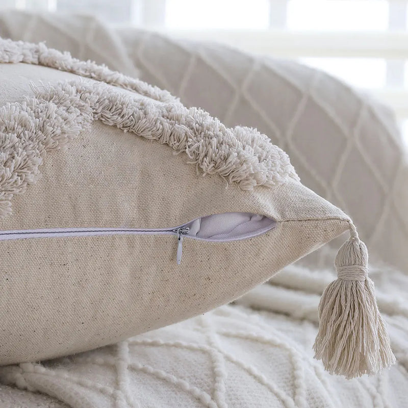 Axyaa Boho Cotton Tufted Tassel Throw Pillow Cover for Living Room Sofa