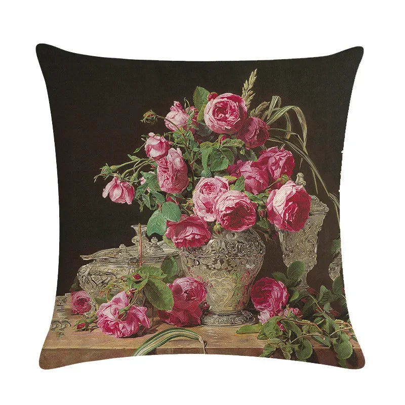 Axyaa Retro Flower Oil Painting Linen Pillowcase 45*45cm