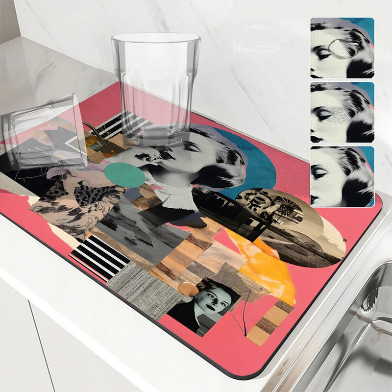 Axyaa Geometric Flower Coffee Cup Drying Mat, Non-slip & Absorbent Kitchen Counter Mat