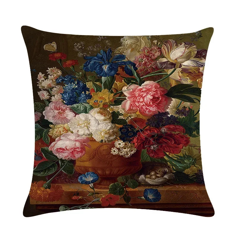 Axyaa Retro Oil Painting Linen Cushion Cover for Home Decor