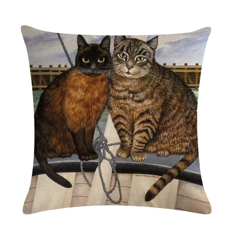 Axyaa Retro Cat Linen Pillowcase 45*45cm - Home & Sofa Decoration