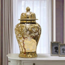 Axyaa Gold Ceramic Lattice Temple Jar with Lid - Home Decor Vase