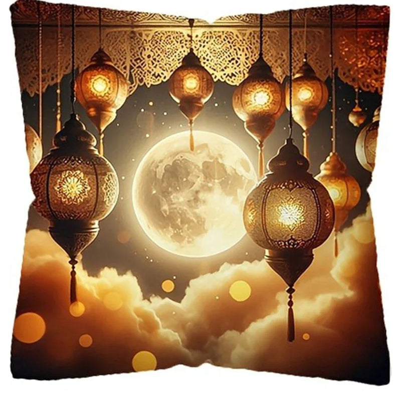 Axyaa Ramadan Pillow Cover: Fasting Lamp & Crescent Moon Design