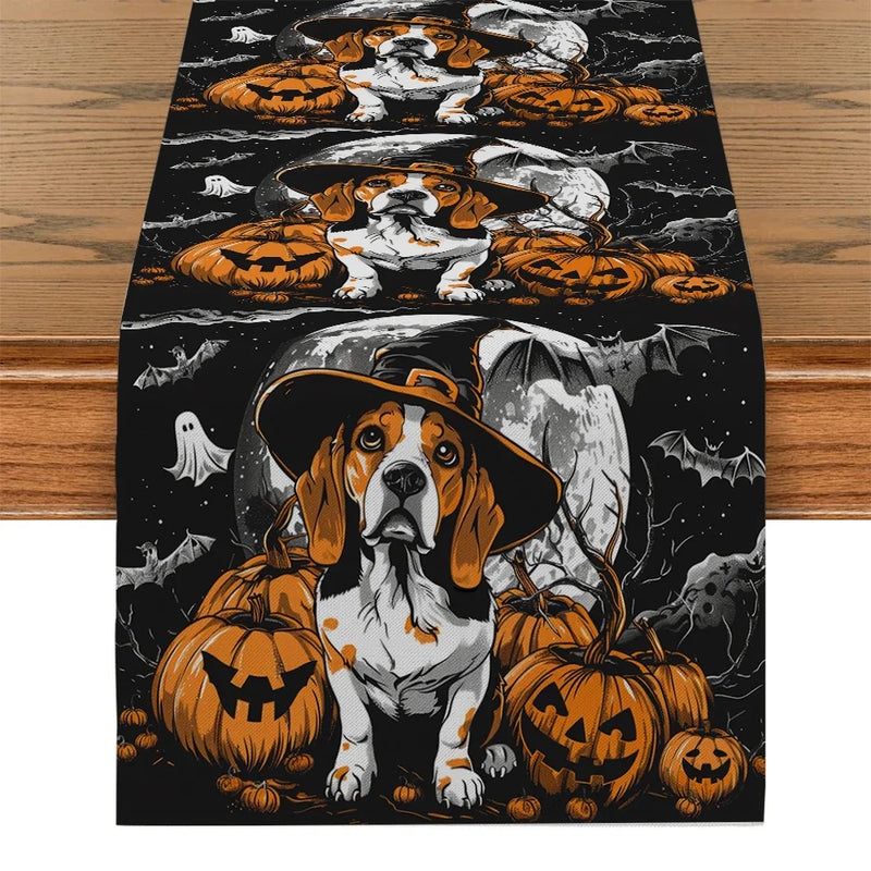Axyaa Halloween Dog Bat Wizard Hat Table Runner for Kitchen Dining Party Decor