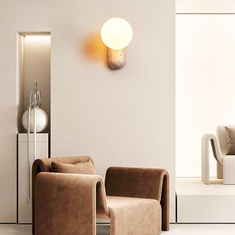 Axyaa White Glass Ball LED Wall Light Yellow Travertine Stone Luxury Decor
