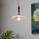 Axyaa Copper Glass LED Pendant Lights with Wood Handle, Modern Hanging Lamp for Home Décor.