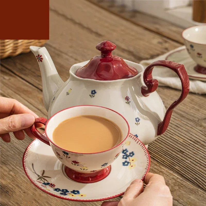 Axyaa Retro Flower Ceramic Coffee Cup&Saucer Set Elegant Teaware