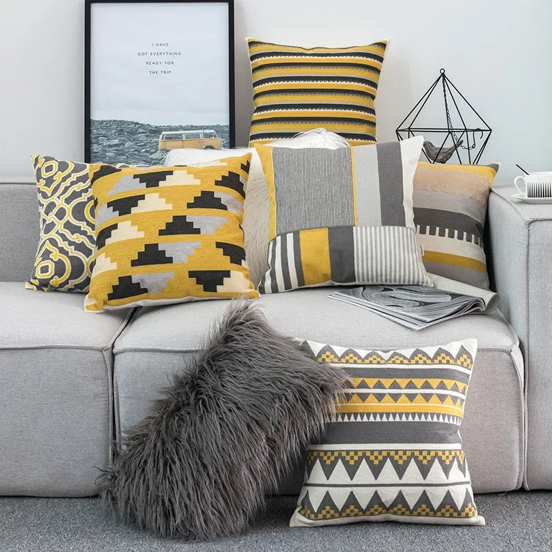 Geometric Embroidered Pillow Cover 45x45cm for Living Room by Axyaa