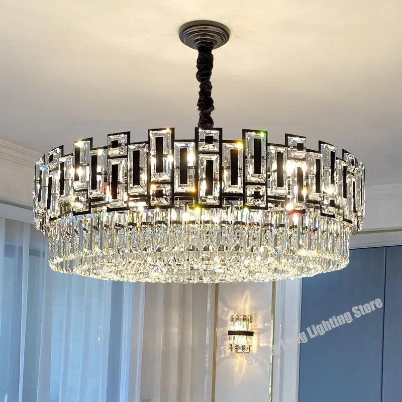 Axyaa Black Crystal LED Chandelier Indoor Pendant Light Round Lustre for Living Room, Dining Room, Bedroom