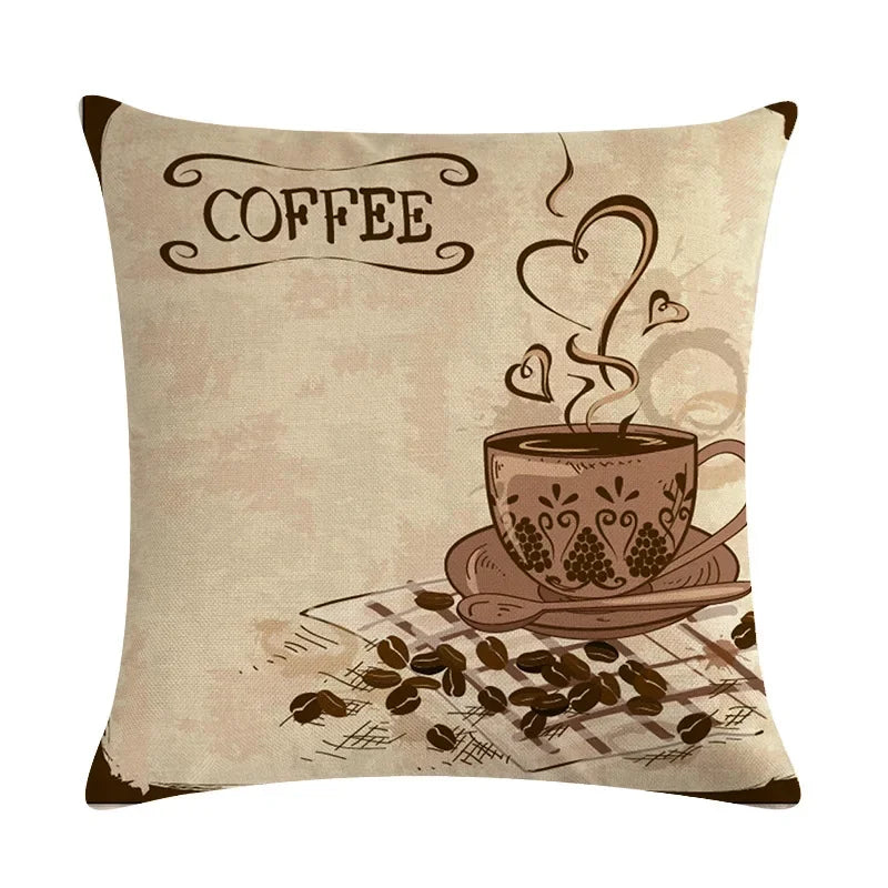 Axyaa Coffee Cup Print Linen Cushion Cover - 45x45CM Sofa Bed Decor