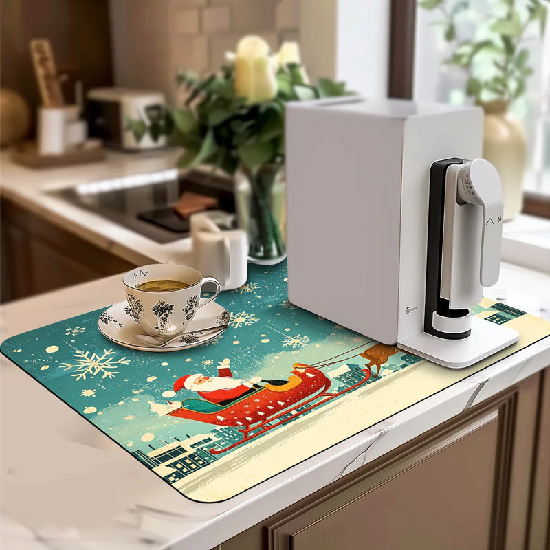 Axyaa Christmas Santa Kitchen Absorbent Mat - Antiskid & Quick Draining Tableware Mat