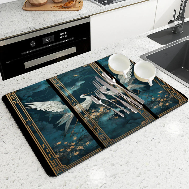Axyaa Kitchen Drying Mat with Crane Plant Design and Absorbent Quick Dry Technology