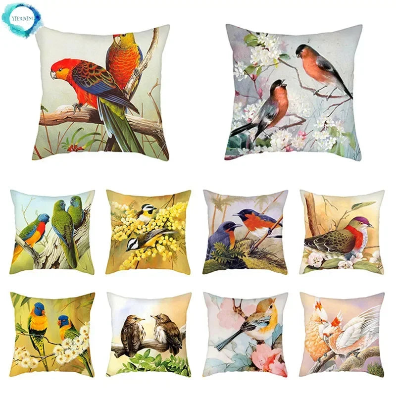 Axyaa Bird and Flower Printed Pillow Cover 45x45cm for Home Sofa Decor