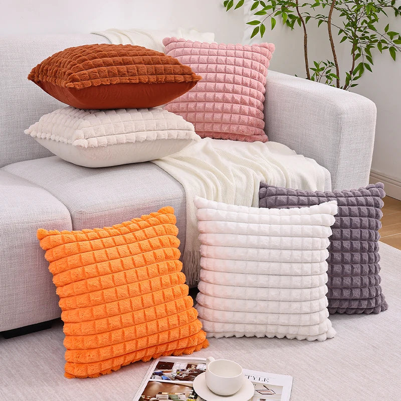 Axyaa Faux Rabbit Fur Plaid Throw Pillow Covers Soft Fluffy Home Decor Case
