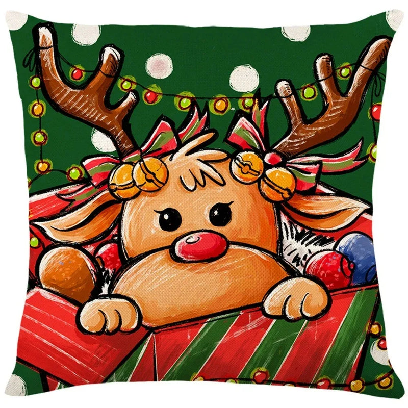 Axyaa Christmas Party Santa Dwarf Print Pillow Cover