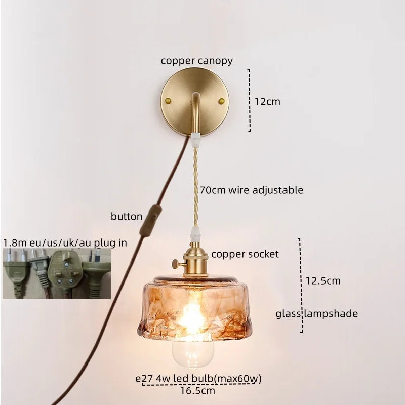 Axyaa Nordic Copper Glass LED Wall Light for Living Room, Bedroom, Bar - Modern Design