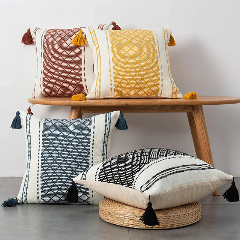 Axyaa Boho Diamond Jacquard Cushion Cover with Tassels for Home Decor