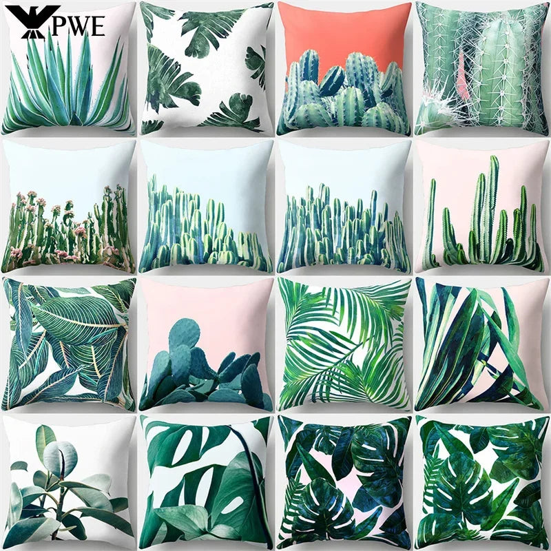 Axyaa Tropical Plant Green Leaves Cactus Pillowcase Living Room Sofa Cushion Cover