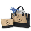 Axyaa Trendy Letter Print Jute Tote Bag Set, Large Waterproof Zipper Shoulder Bag