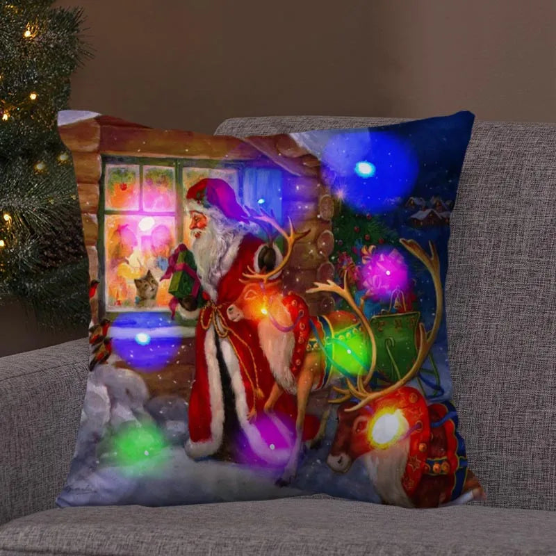 Axyaa LED Retro Santa Christmas Lights Pillowcase Home Decor 45x45