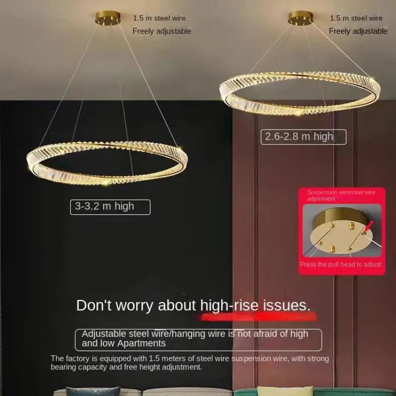 Luxury Gold K9 Crystal Pendant Lamp by Axyaa - Dimmable LED Irregular Ring