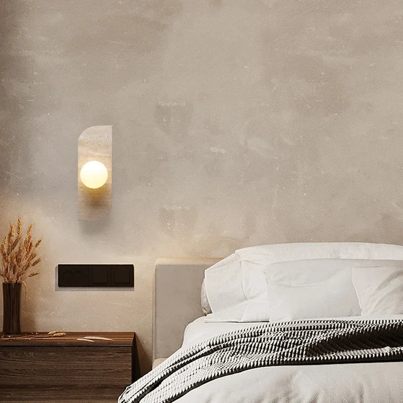 Axyaa White Glass Ball LED Wall Lamp Yellow Travertine Modern Bathroom Mirror Light