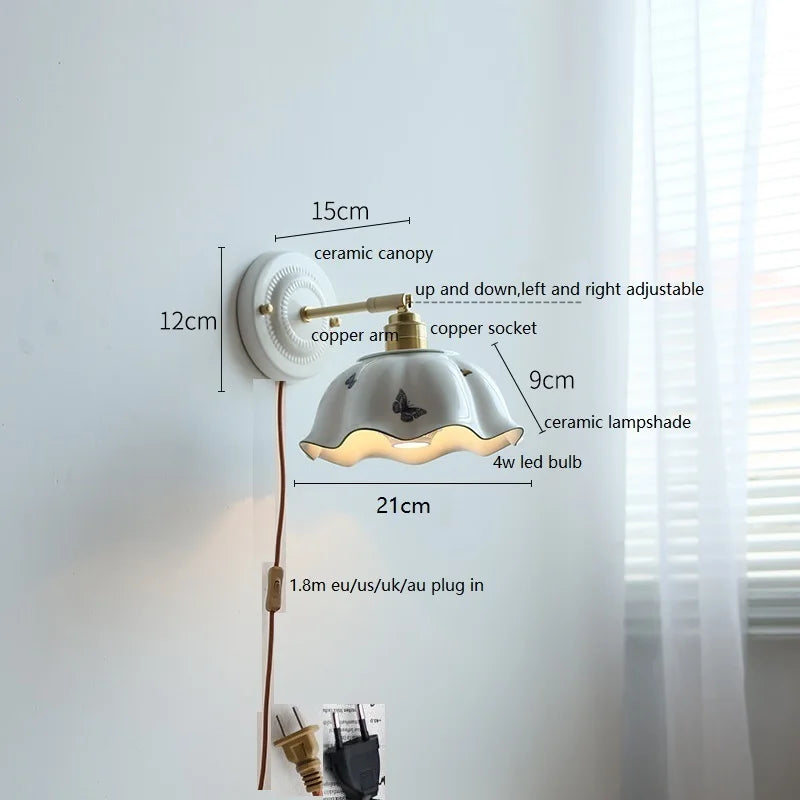 Axyaa White Ceramic LED Wall Sconce with Copper Arm for Modern Living Spaces