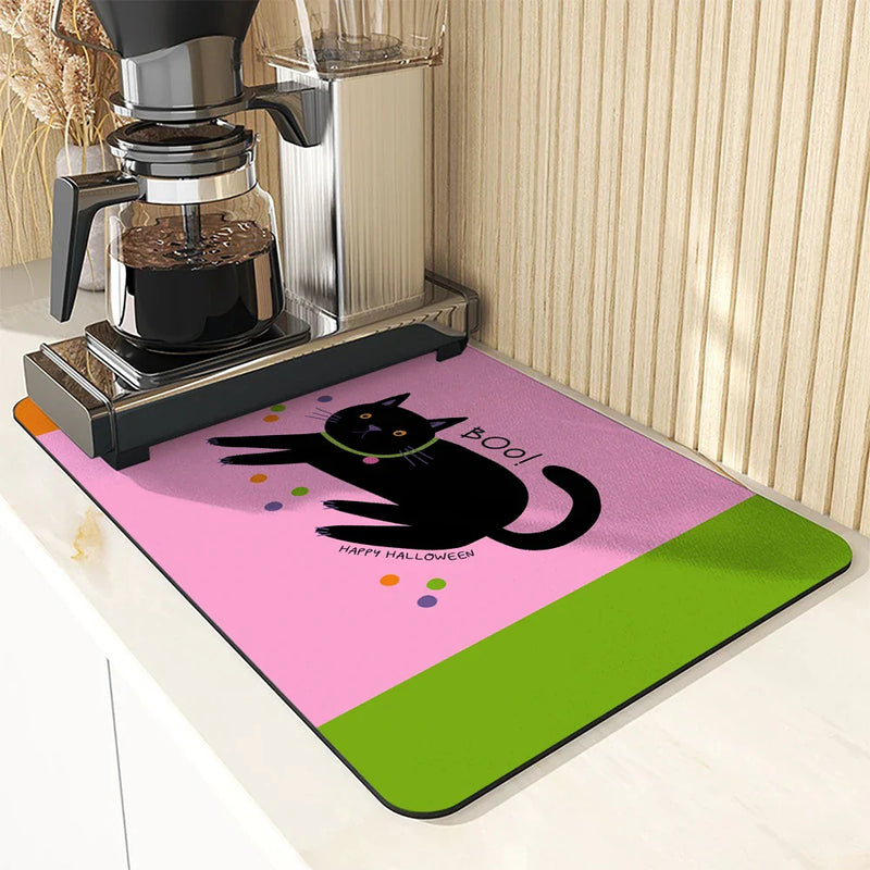 Axyaa Halloween Cat Drain Pad, Absorbent Anti-Slip Mat for Dishes and Cups