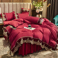 Luxury European Embroidery Four Piece Set by Axyaa - Polished Solid Color & Lace Bed Skirt