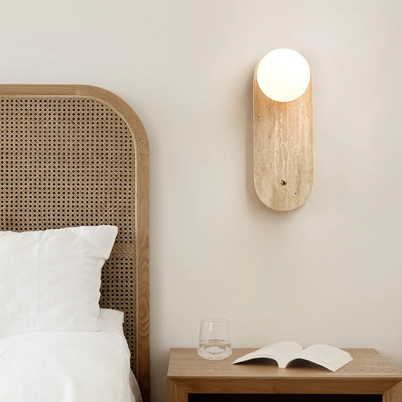 Axyaa Round Natural Stone Art Wall Lamp Cream Sconce Bedside Decor