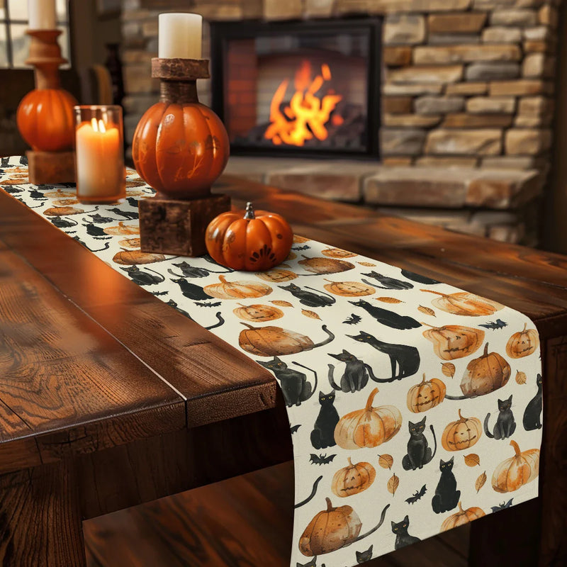Watercolor Pumpkin Black Cat Table Runner by Axyaa