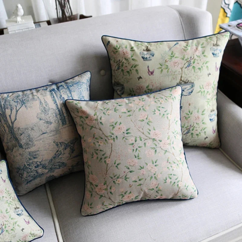 Axyaa Soft Velvet/Cotton Linen Cushion Cover Shabby Chic Floral Pink Blue 45x45cm